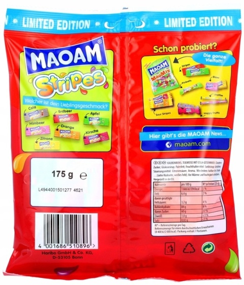 Gumy Owocowe HARIBO MaoaM Stripes 175 g DE Gumy Owocowe HARIBO MaoaM Stripes 175 g DE