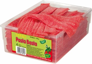 Haribo Pasta Basta Fizz Truskawkowe 150 szt. 1125g - kwaśne żelki w paskach z Niemiec, bez żelatyny