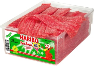 Haribo Pasta Basta Fizz Truskawkowe 150 szt. 1125g - kwaśne żelki w paskach z Niemiec, bez żelatyny