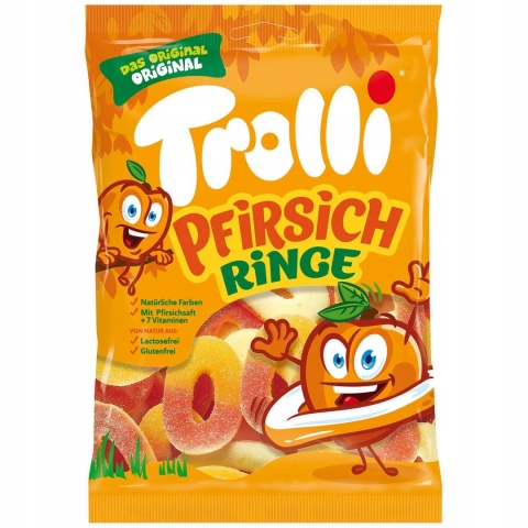 Trolli Pfirsich Ringe żelki brzoskwiniowe 150 g kwaśno owocowe z sokiem brzoskwiniowym