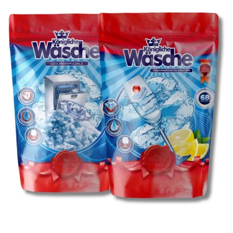 Königliche Wäsche Zestaw do zmywarki - Tabletki 68 szt., Sól 1,5 kg, Nabłyszczacz 1l, Czyścik 250ml, 3x Zapach