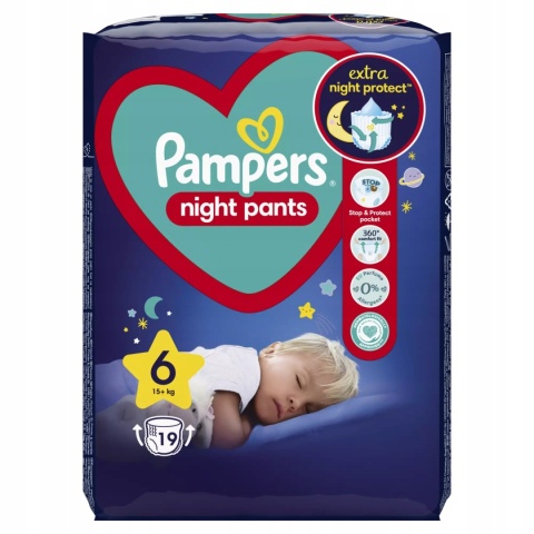 Pampers Night Pants 6 19 szt pieluchomajtki na noc sucha noc 12h