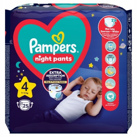 Pampers Night Pants 4 25 szt pieluchomajtki na noc 100% ochrony suchość