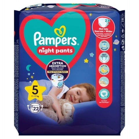 Pampers Night Pants 5 22 szt pieluchomajtki na noc 100% ochrony przed przeciekaniem