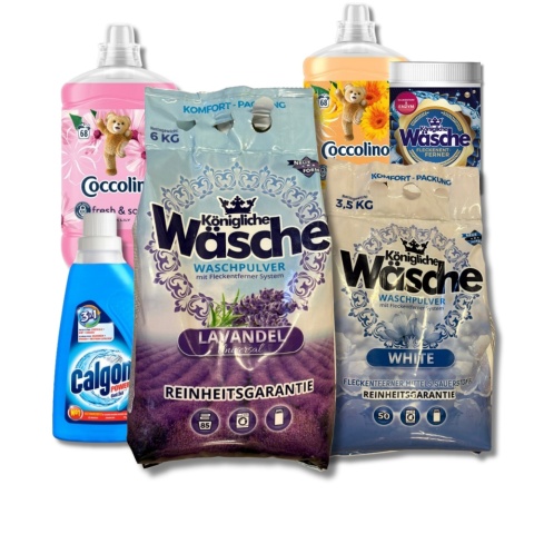 Zestaw do prania 6w1 Königliche Wäsche & Coccolino & Calgon - proszki, płyny do płukania, odplamiacz, odkamieniacz