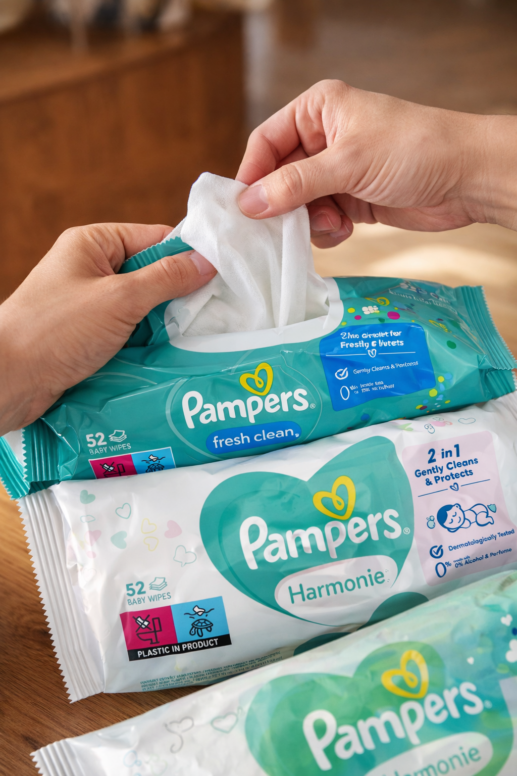 Najlepsze chusteczki nawilżane w 2026 - Pampers Fresh Clean, Sensitive i Harmonie