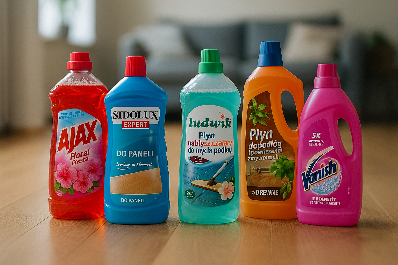 Płyny do podłóg od marek jak Ajax, Sidolux, Tytan, Ludwik i Vanish